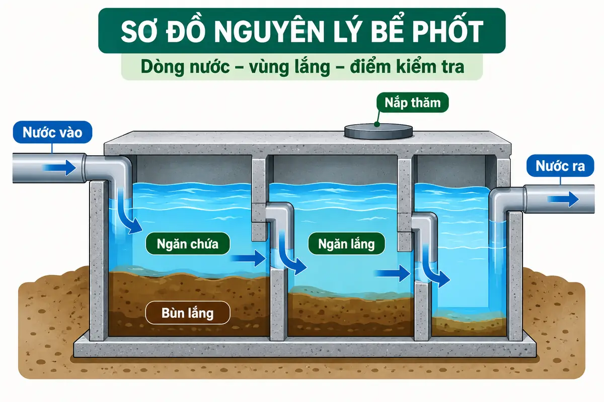 Sơ đồ nguyên lý bể phốt nhiều ngăn, dòng nước và lớp bùn lắng
