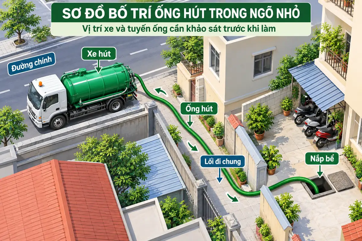 Sơ đồ xe dừng ngoài ngõ và tuyến ống hút đến bể