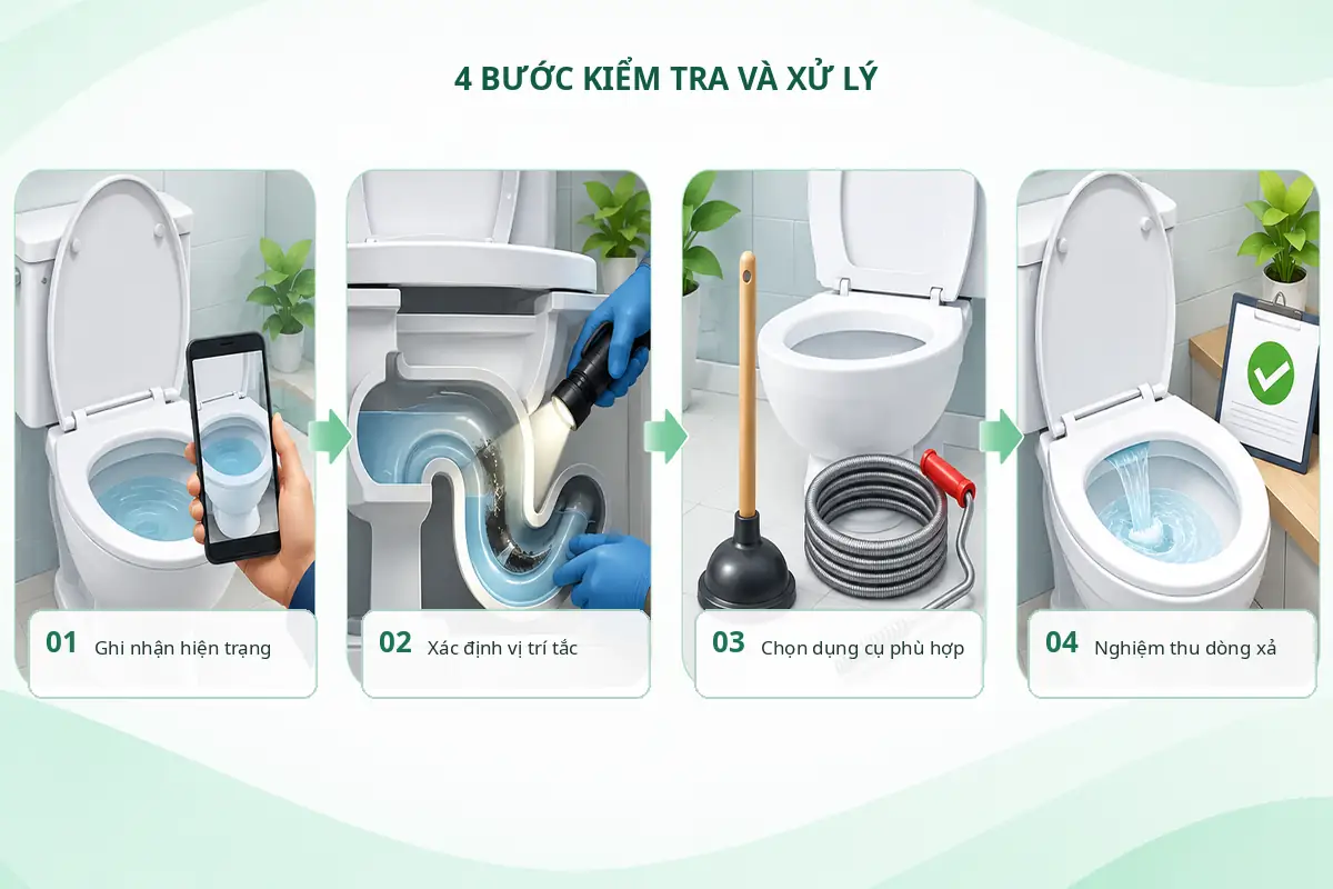 Sơ đồ bốn bước kiểm tra hiện trạng chọn dụng cụ và nghiệm thu dòng xả