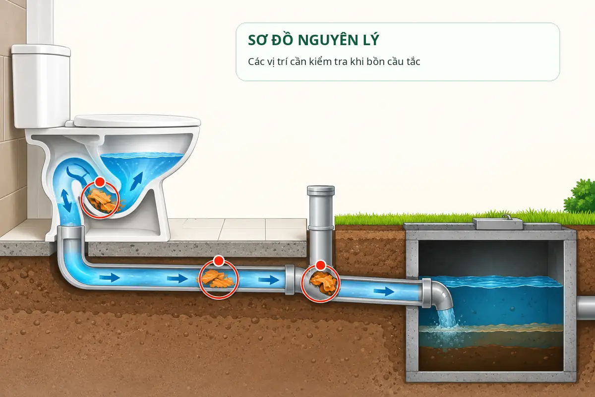 Sơ đồ nguyên lý đường thoát từ cổ bồn cầu qua ống nhánh đến bể phốt