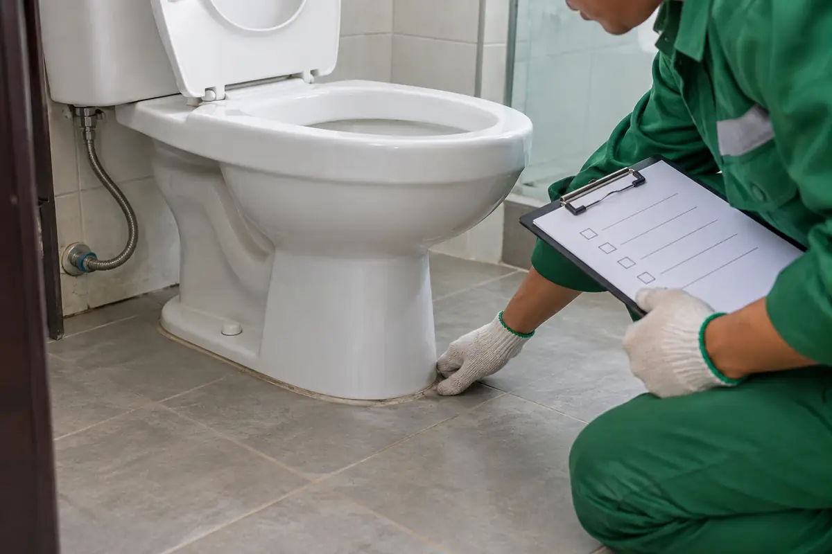 Thông bồn cầu Cà Mau giá rẻ uy tín | Toàn Việt 18 Người thợ kiểm tra gioăng chân bồn cầu cạnh phiếu đánh dấu nghiệm thu