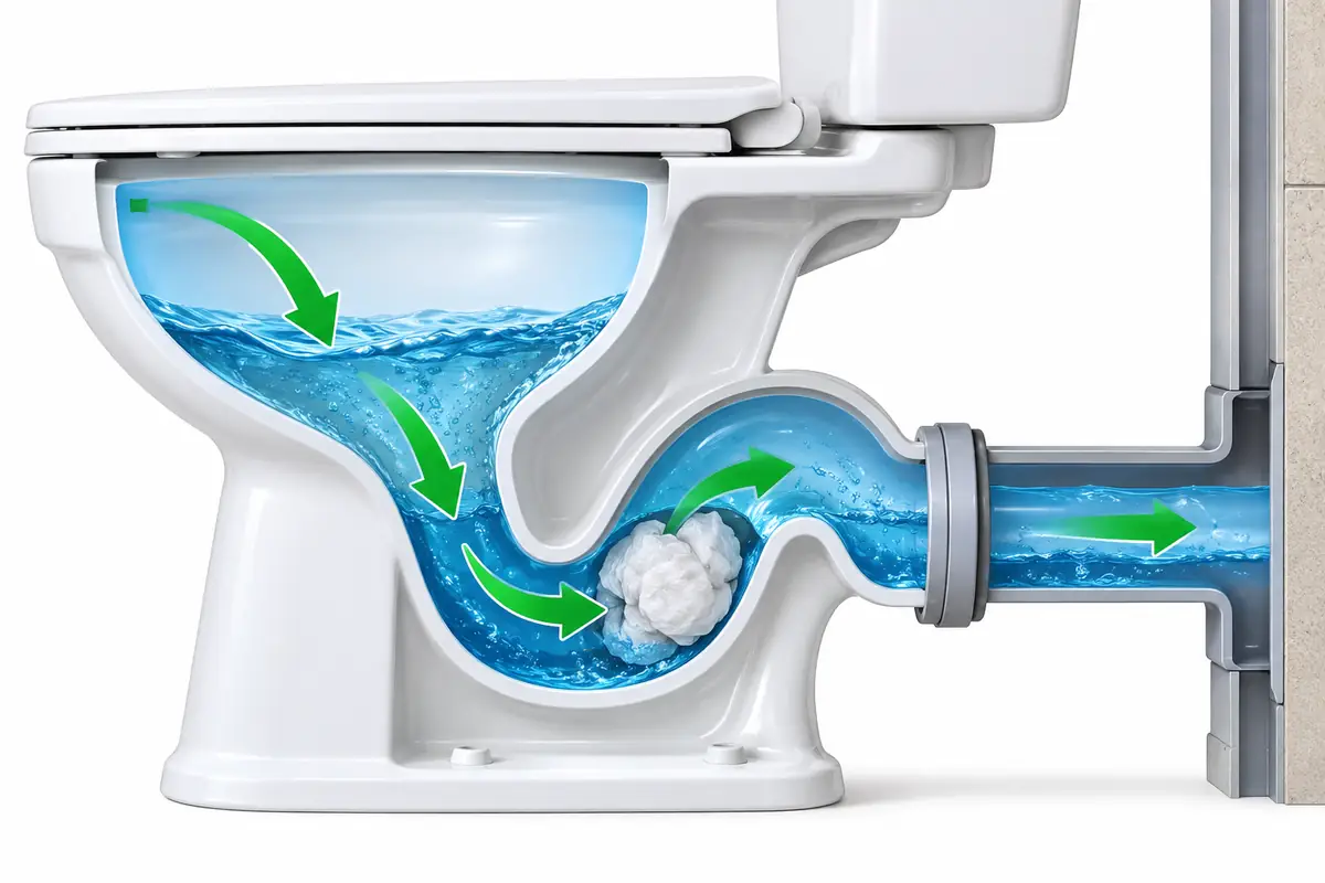 Thông bồn cầu Cà Mau giá rẻ uy tín | Toàn Việt 15 Sơ đồ cắt lớp bồn cầu cho thấy giấy kẹt ở đoạn cong và hướng thoát nước