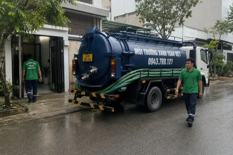 Xe bồn h&uacute;t hầm cầu m&agrave;u xanh đậm đỗ b&ecirc;n d&atilde;y nh&agrave; phố, nh&acirc;n vi&ecirc;n mặc &aacute;o xanh ở gần xe.