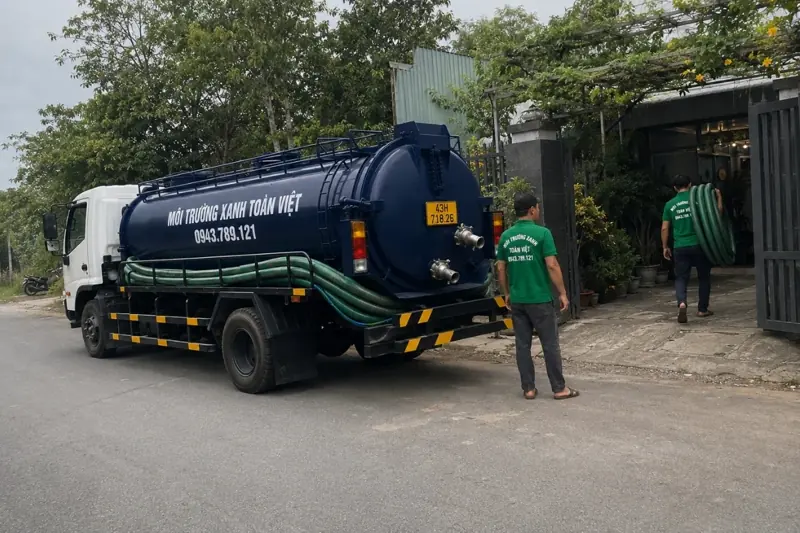 Xe bồn xanh đậm dừng b&ecirc;n lối v&agrave;o nh&agrave;, hai nh&acirc;n vi&ecirc;n mang đường ống xanh.