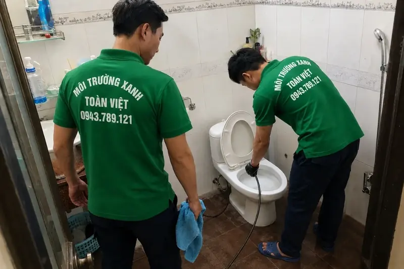 Hai nhân viên áo xanh làm việc cạnh bồn cầu và máy thông tắc