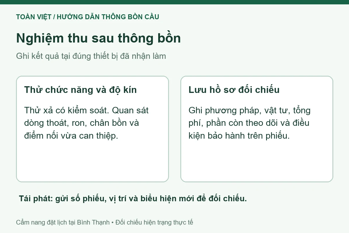 Bảng hướng dẫn thử xả, kiểm tra độ kín và lưu phiếu bàn giao sau thông bồn