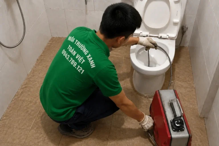 Thông bồn cầu Bình Thủy giá rẻ uy tín | Toàn Việt 15 Nhân viên đang làm thông bồn cầu bị nghẹt do vật cản.