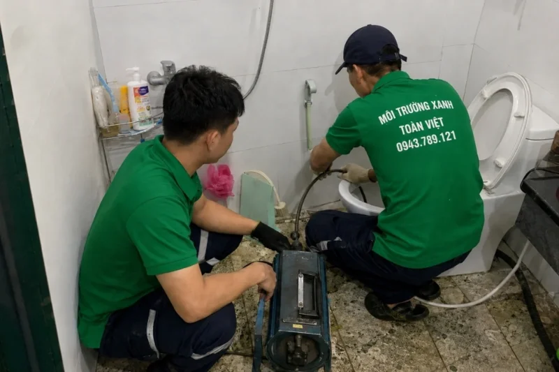 Hai nh&acirc;n vi&ecirc;n chuẩn bị m&aacute;y v&agrave; d&acirc;y th&ocirc;ng cạnh bồn cầu