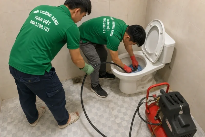 Hai nh&acirc;n vi&ecirc;n phối hợp thiết bị b&ecirc;n bồn cầu thể hiện dịch vụ th&ocirc;ng bồn cầu B&ugrave; Đăng