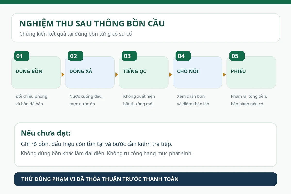 Sơ đồ năm bước kiểm tra d&ograve;ng xả, &acirc;m thanh, mối nối, phạm vi v&agrave; phiếu b&agrave;n giao