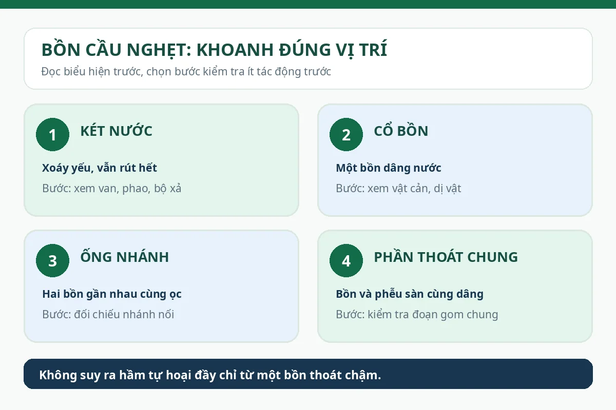 Sơ đồ bốn nh&oacute;m nguy&ecirc;n nh&acirc;n: k&eacute;t xả, cổ bồn, ống nh&aacute;nh v&agrave; tho&aacute;t chung