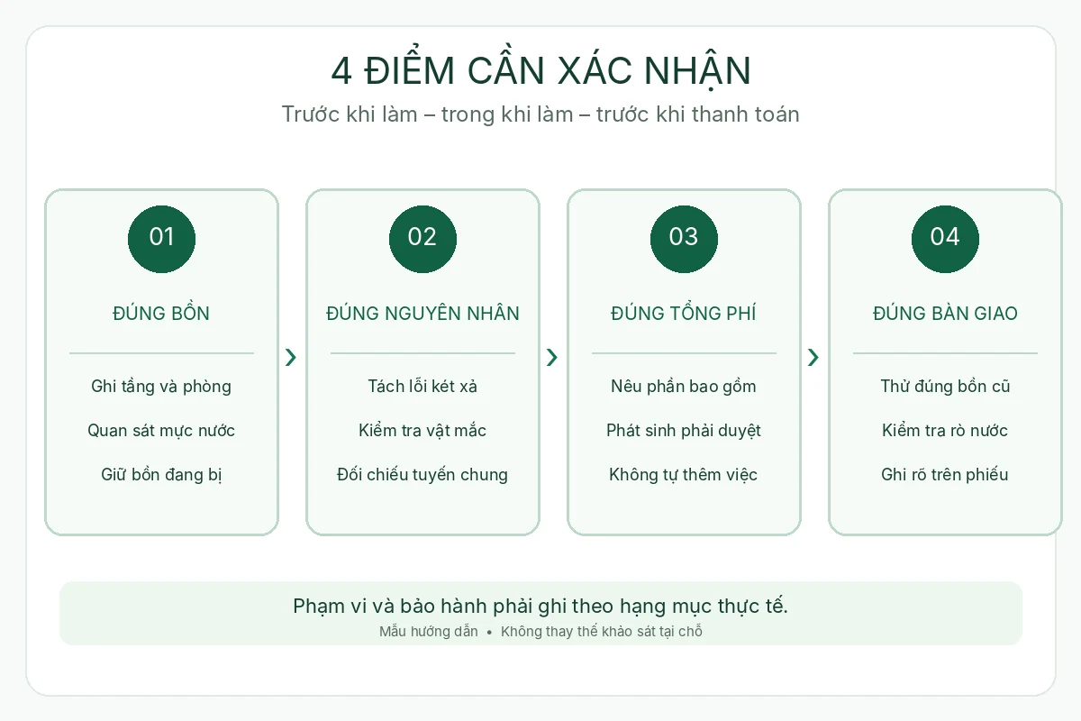 Thông bồn cầu Đà Nẵng giá rẻ uy tín | Toàn Việt 27 Sơ đồ bốn bước tiếp nhận, đối chiếu, chốt tổng phí và nghiệm thu bồn cầu