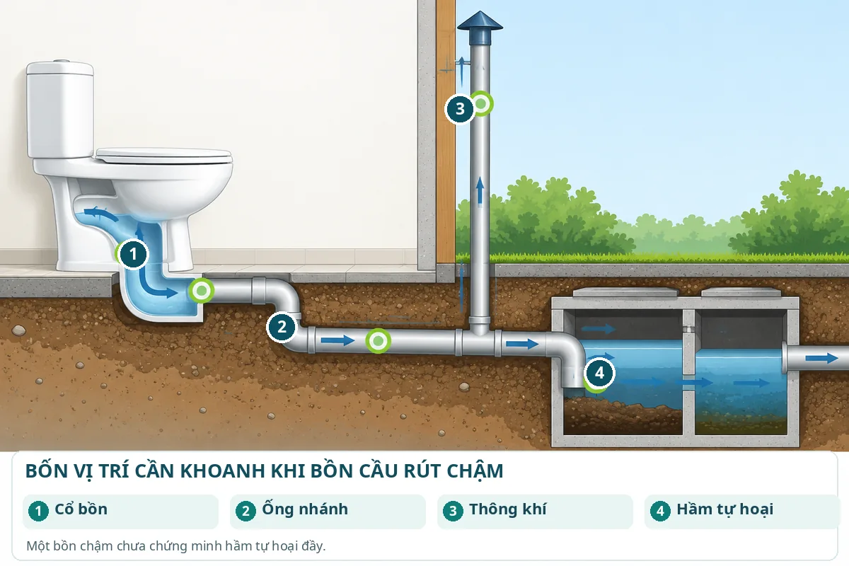 Sơ đồ đường tho&aacute;t từ cổ bồn qua ống nh&aacute;nh, th&ocirc;ng kh&iacute; đến hầm tự hoại