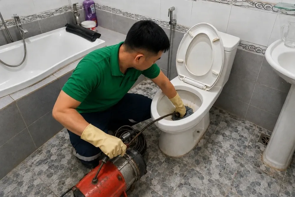 Kỹ thuật viên thao tác tại bồn cầu với máy màu đỏ