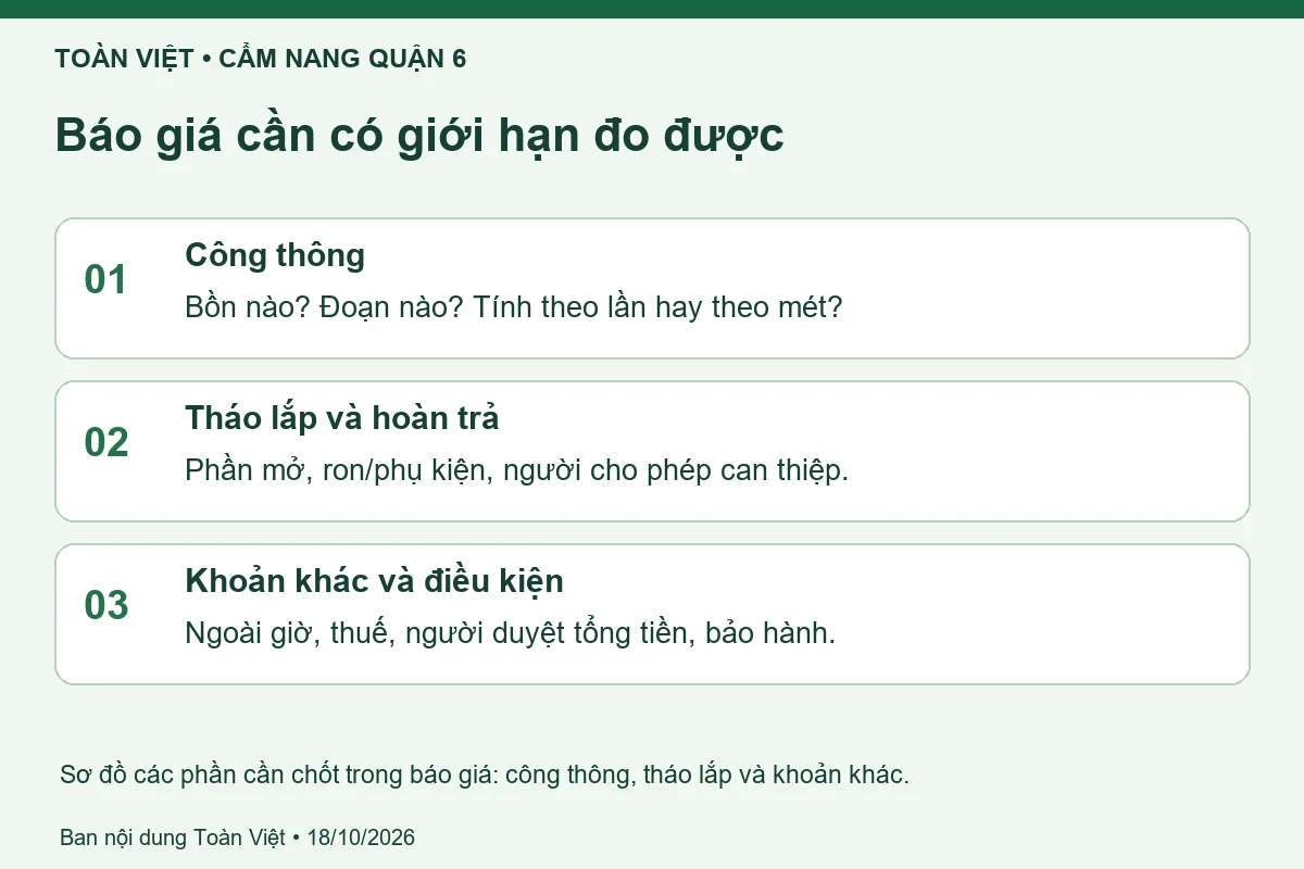 Thông bồn cầu Quận 6 giá rẻ uy tín | Toàn Việt 20 Ba nhóm thông tin trong báo giá: công thông, tháo lắp và điều kiện phát sinh.
