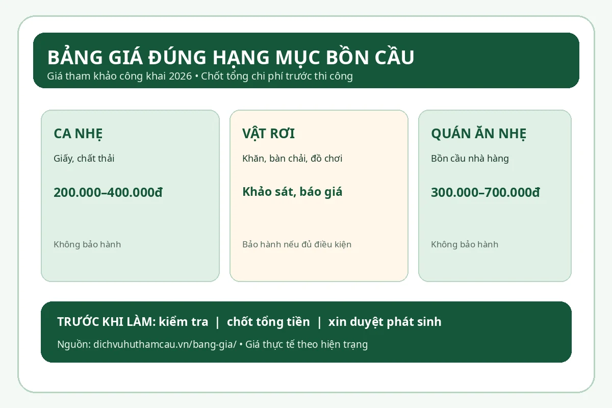 Bảng th&ocirc;ng tin ba nh&oacute;m gi&aacute; th&ocirc;ng bồn cầu theo mức độ