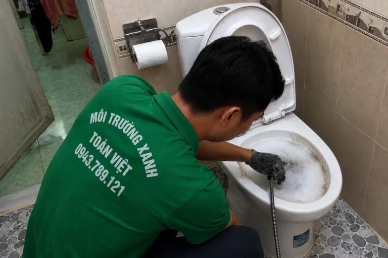 Thợ thao tác tại lòng bồn cầu với dây thông