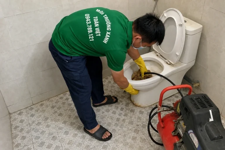 Kỹ thuật viên đang xử lý bồn cầu bằng máy thông lò xo.