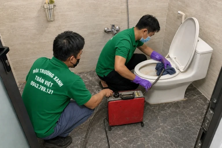 Nhân viên đang xử lý bồn cầu nghẹt để nước lưu thông trở lại.