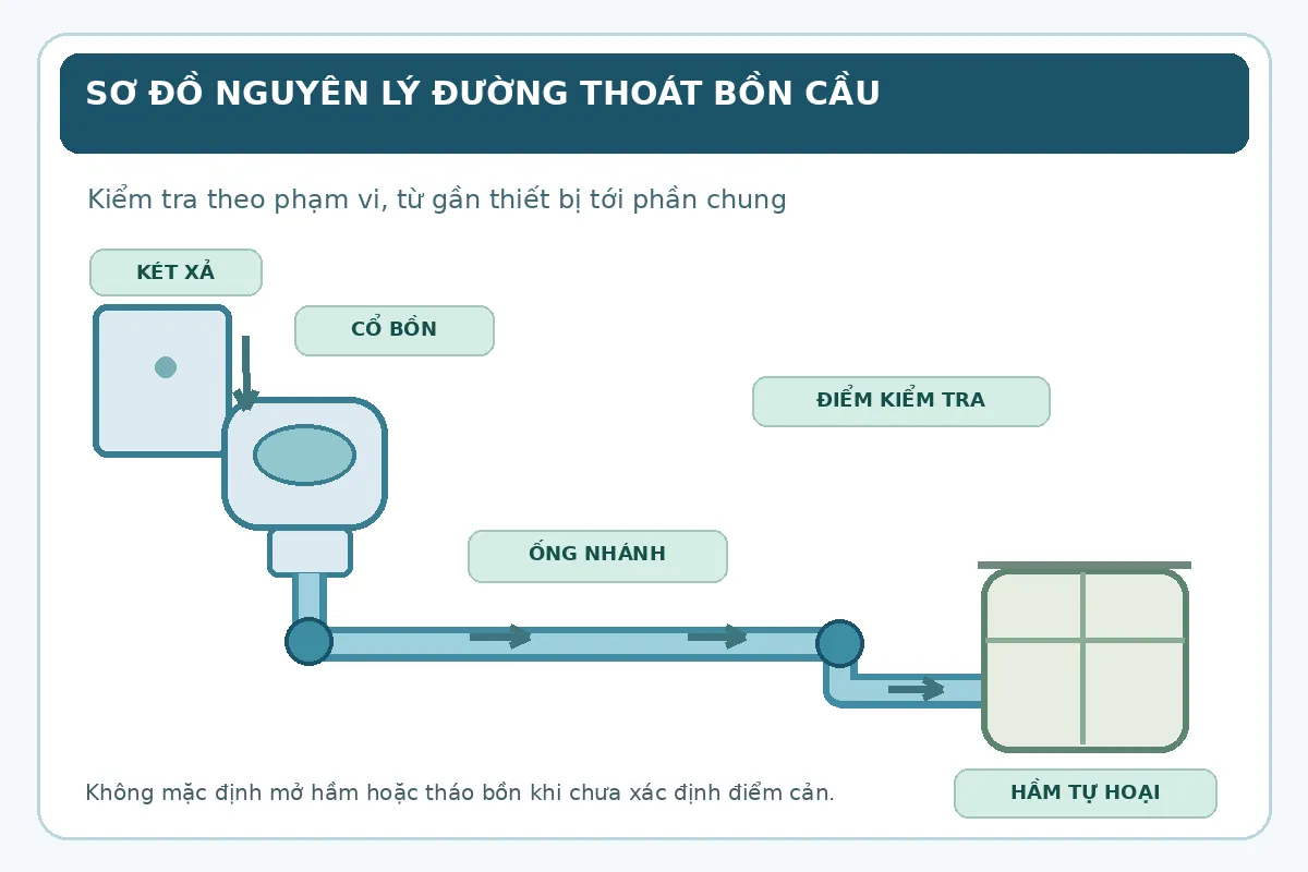 Thông bồn cầu Thanh Khê giá rẻ uy tín | Toàn Việt 14 Sơ đồ nguyên lý thứ tự két xả, cổ bồn, ống nhánh, điểm kiểm tra và hầm tự hoại