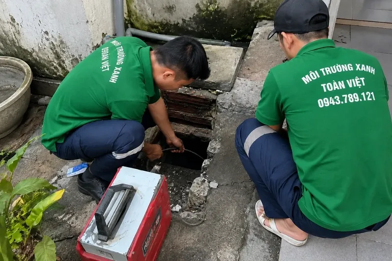 Hai nhân viên cùng thiết bị bên hố đã mở