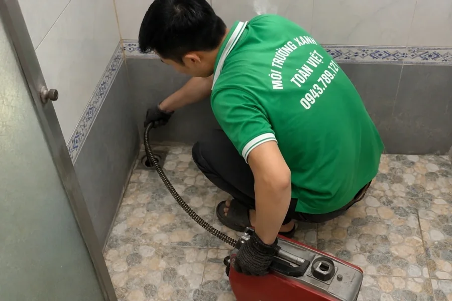 Nhân viên đưa dây máy vào điểm thoát nhà tắm – dịch vụ thông cống nghẹt Hóc Môn