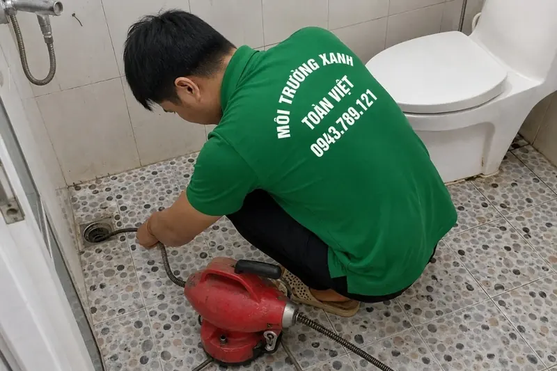 Nhân viên đưa dây tới miệng thoát bên bồn cầu.