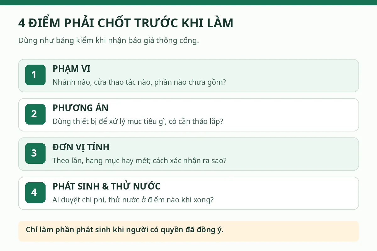 Bảng kiểm bốn nội dung b&aacute;o gi&aacute;: phạm vi, phương &aacute;n, đơn vị t&iacute;nh v&agrave; ph&aacute;t sinh c&ugrave;ng nghiệm thu