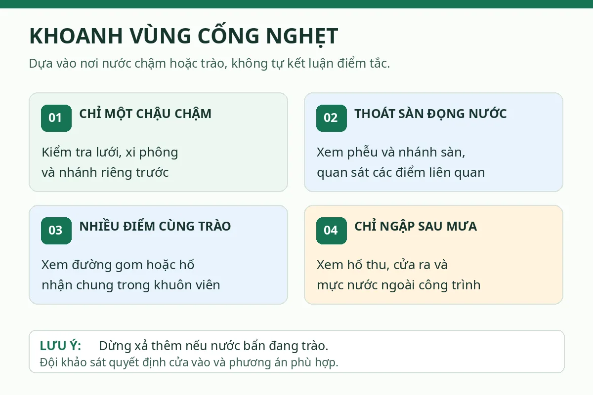 Sơ đồ bốn nh&oacute;m dấu hiệu: một chậu chậm, s&agrave;n đọng, nhiều điểm tr&agrave;o hoặc ngập sau mưa