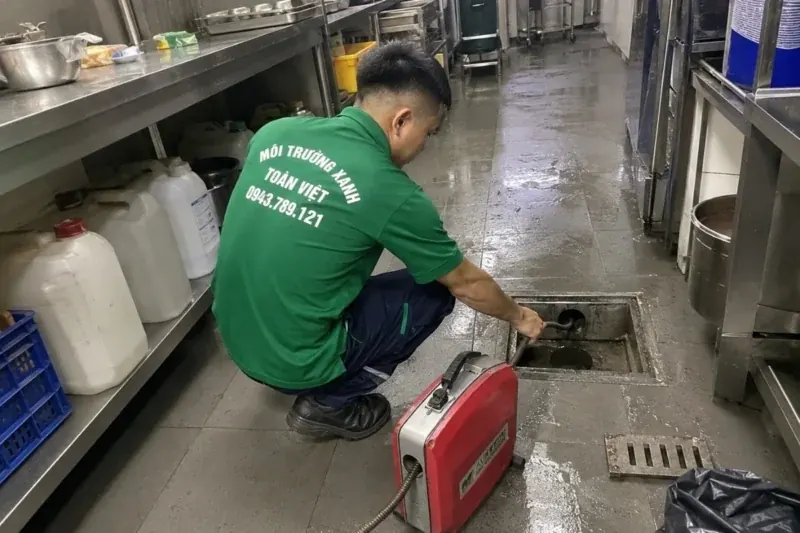 Nhân viên đặt dây máy tại hố ga khu bếp