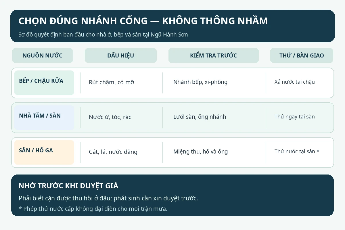 Sơ đồ ph&acirc;n biệt nh&aacute;nh bếp, nh&agrave; tắm v&agrave; s&acirc;n theo dấu hiệu, điểm kiểm tra v&agrave; c&aacute;ch thử nước