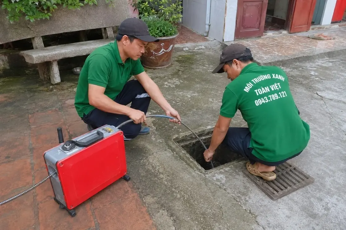 Thông cống nghẹt Tam Nông uy tín giá rẻ – Toàn Việt 14 Hai nhân viên Toàn Việt phối hợp xử lý ga ngoài sân