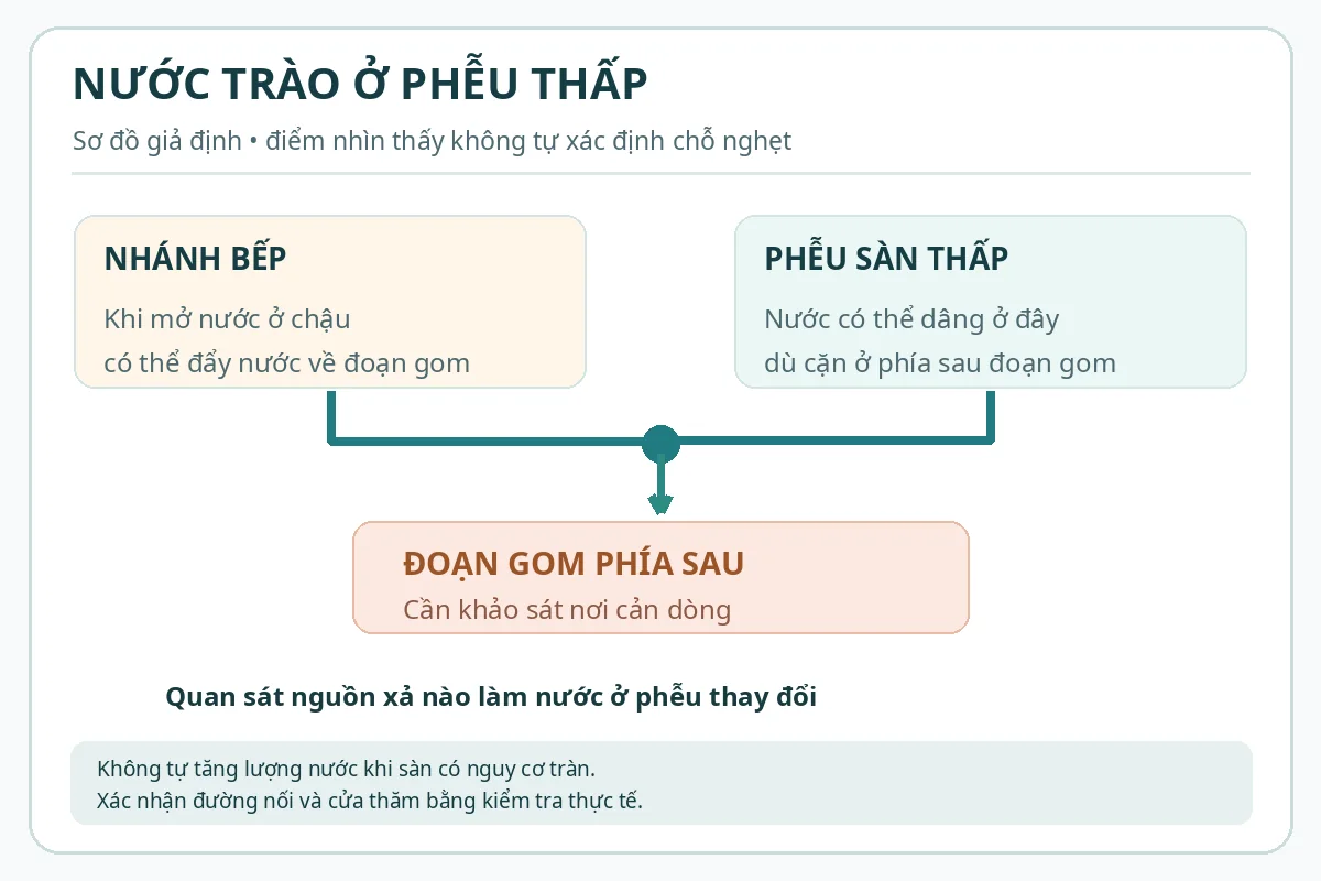 Thông cống nghẹt Thanh Khê giá rẻ uy tín | Toàn Việt 21 Sơ đồ giả định hai nhánh nối về một đoạn gom, vị trí trào thấp và điểm cản có thể nằm khác nhau