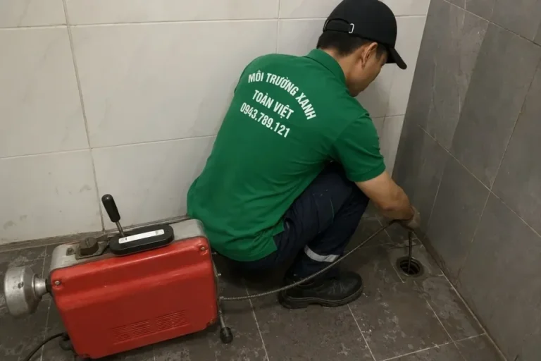 Nhân viên Toàn Việt dùng máy lò xo tại điểm thoát, minh họa thông cống nghẹt Gò Công Tây