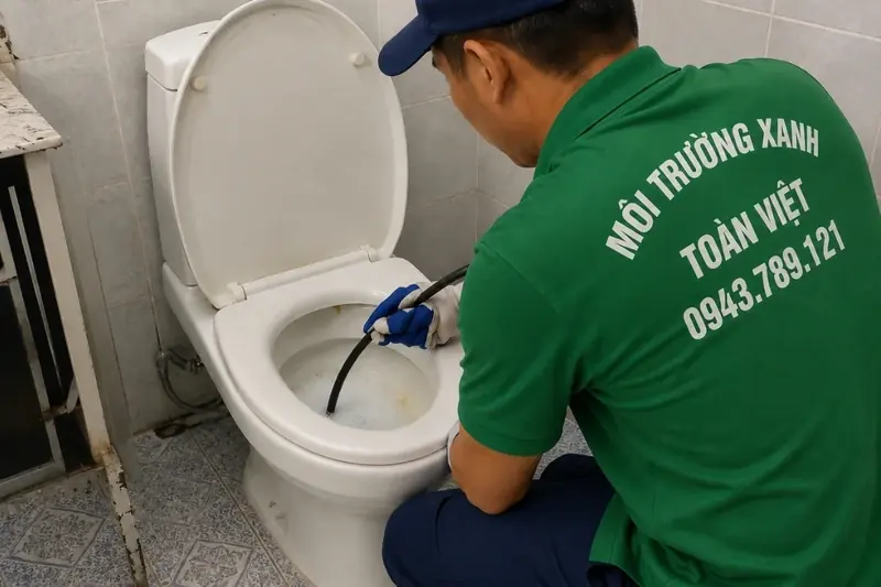 Nhân viên đội mũ xanh đưa dây thông vào bồn cầu
