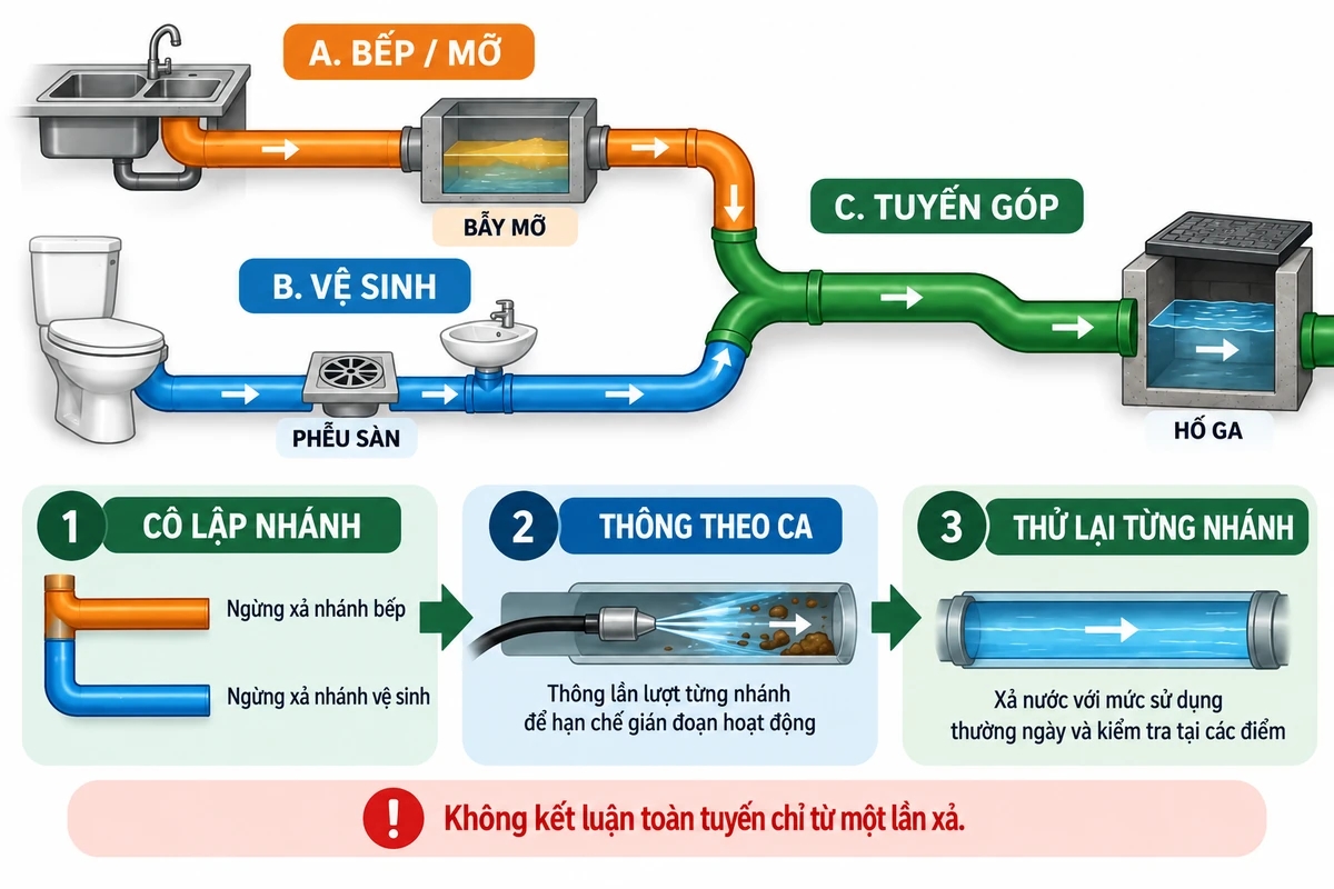 Sơ đồ thông tắc cống tại Tiên Du: nhánh bếp, vệ sinh, tuyến góp