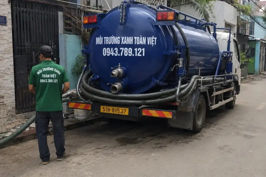 Hút hầm cầu Bình Thạnh giá rẻ uy tín | Toàn Việt 14 Xe bồn Toàn Việt dừng cạnh lối vào nhà dân.