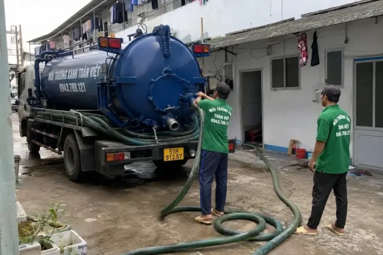 Hút hầm cầu Quận 7 giá rẻ uy tín | Toàn Việt 11 Xe bồn Toàn Việt và nhân viên nối đường ống cạnh nhà