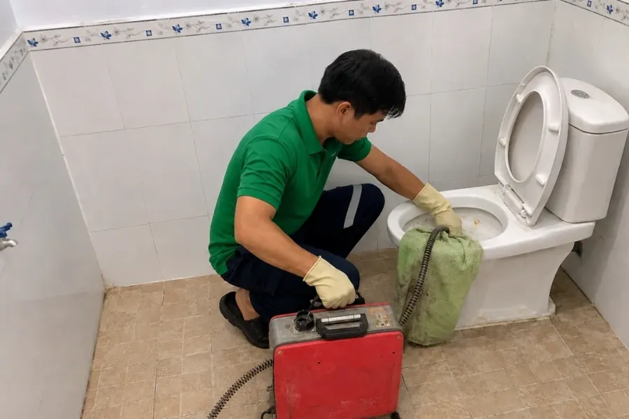 Thông bồn cầu Thuận An giá rẻ uy tín | Toàn Việt 30 Nhân viên đưa dây thông qua mép sứ có khăn che