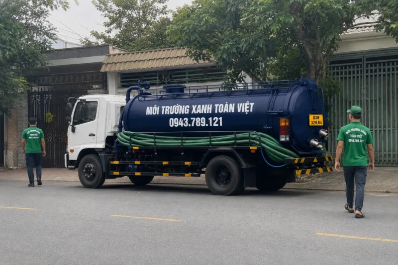 Xe hút hầm cầu Toàn Việt và nhân viên chuẩn bị tiếp cận công trình