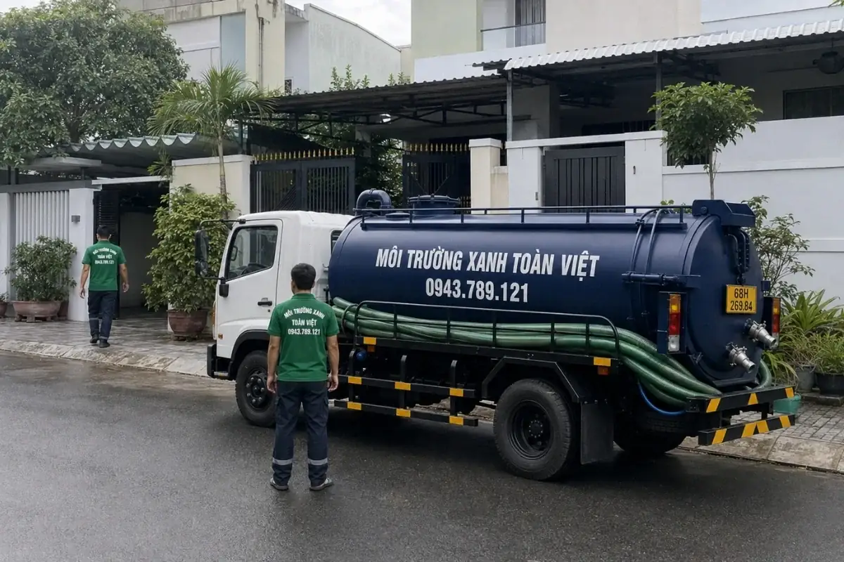 Xe bồn và nhân viên đứng trên đường trước nhà