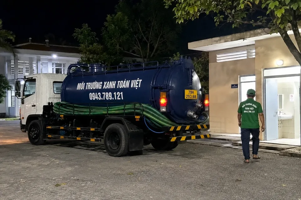 Xe bồn và nhân viên dưới ánh đèn trước cổng