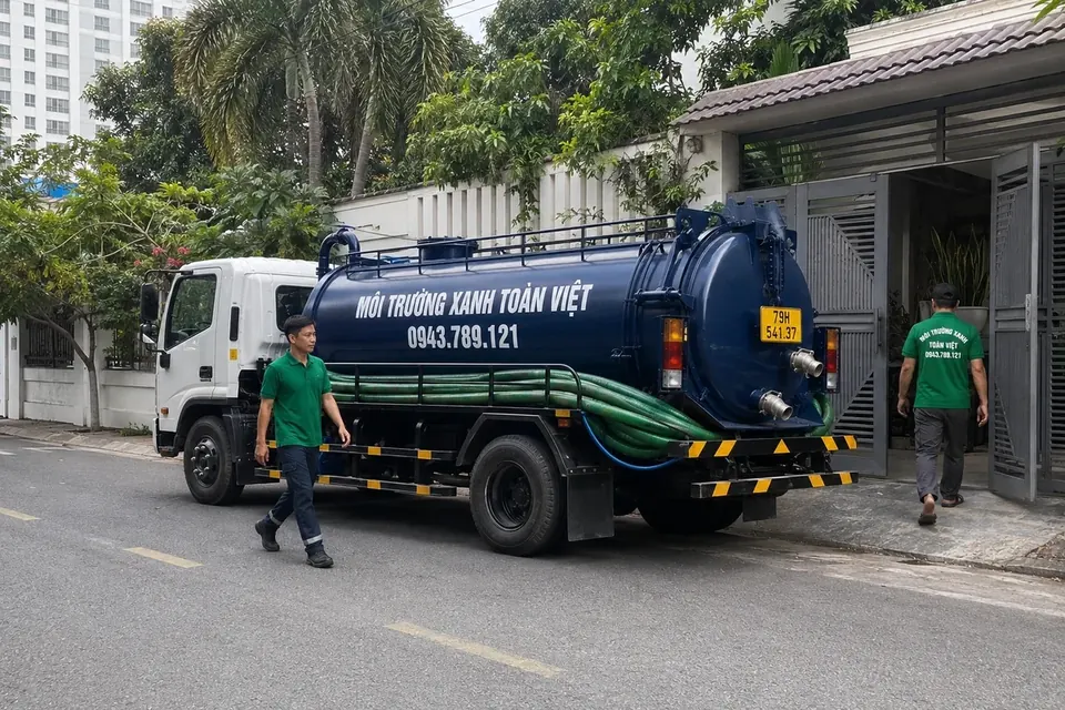 Xe bồn và nhân viên trước cổng có khoảng sân