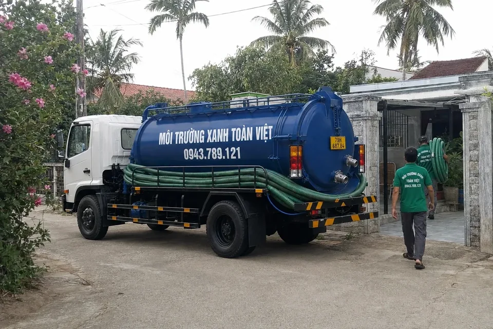 Xe bồn đỗ cạnh hàng rào và cây xanh